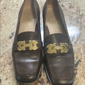 Salvatore Ferragamo Brown Gold Loafers with Classic Design